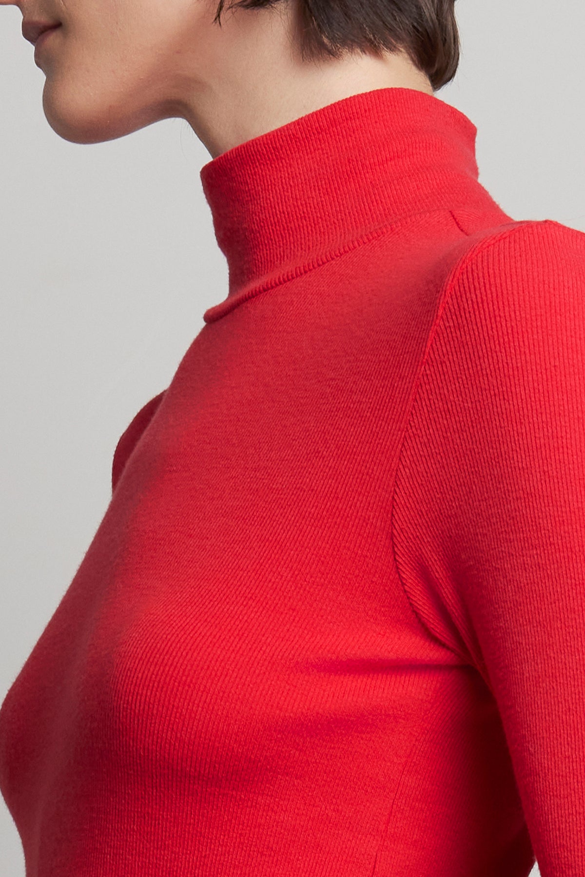   A person wearing a HELMS TEE in red by Velvet by Jenny Graham, featuring a mock neck and ribbed texture, stands against a neutral background. 