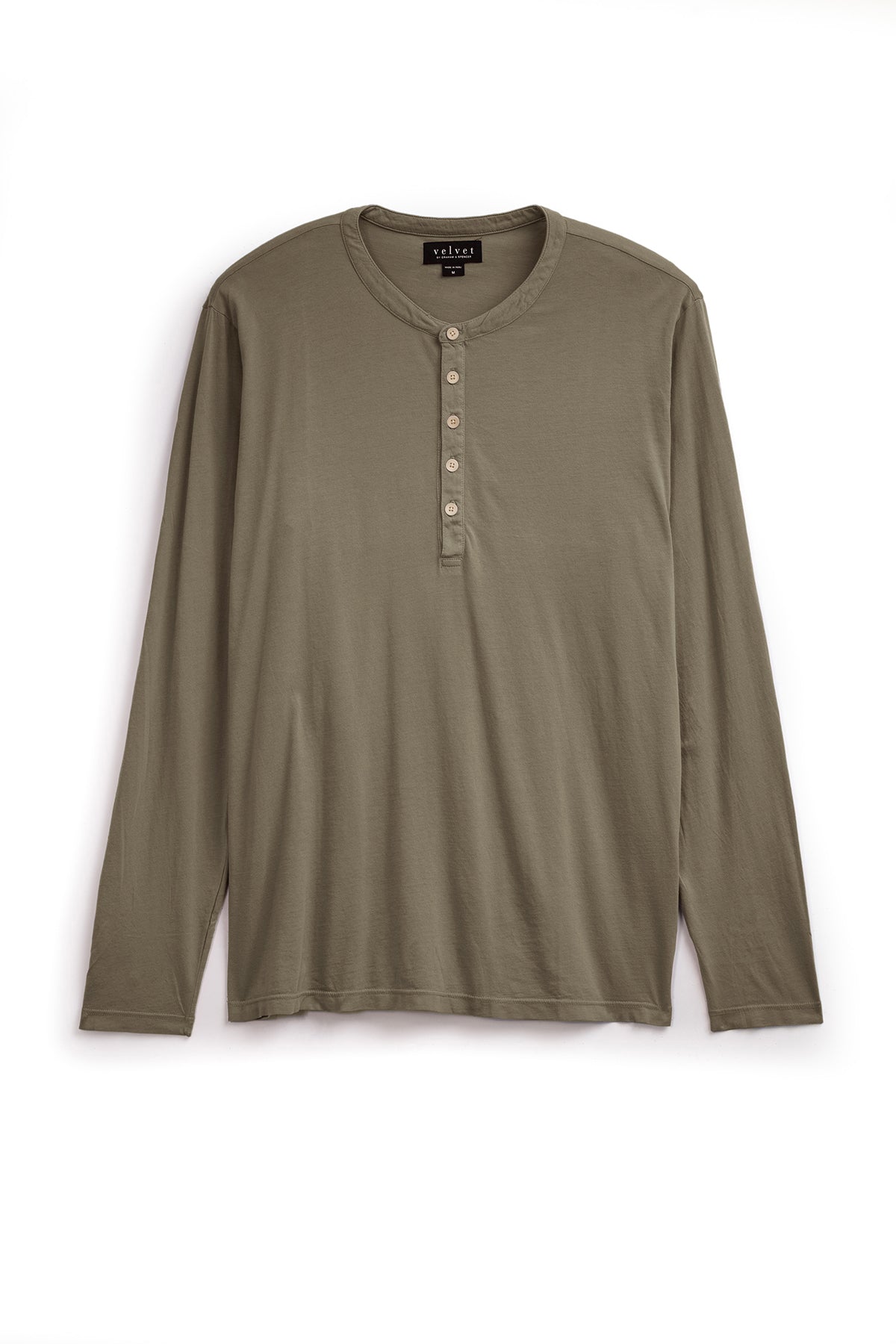   Olive green long-sleeve ALVARO HENLEY with a buttoned placket, crafted from a whisper knit for a lightweight feel, displayed on a white background by Velvet by Graham & Spencer. 