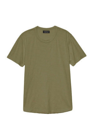 The AMARO TEE from Velvet by Graham & Spencer is a plain olive-green t-shirt made from premium Peruvian cotton, displayed on a white background. This lightweight tee features a classic crew neckline for ultimate comfort and style.