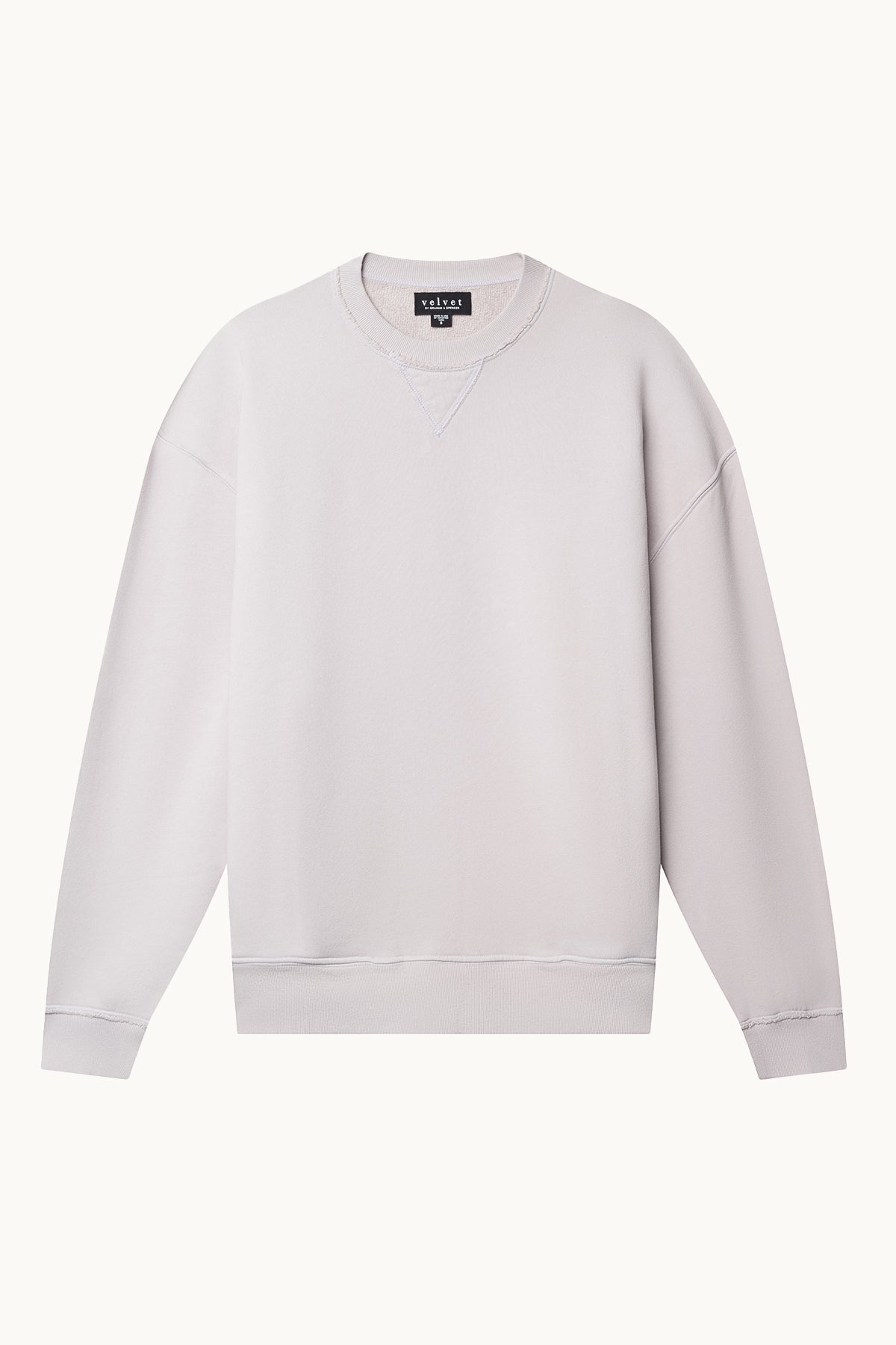 Introducing the FORREST SWEATSHIRT by Velvet by Graham & Spencer: a gray crewneck sweatshirt made from comfortable cotton fleece, designed with a plain style and ribbed cuffs, featuring a relaxed fit. Displayed on a white background.-38325888843969