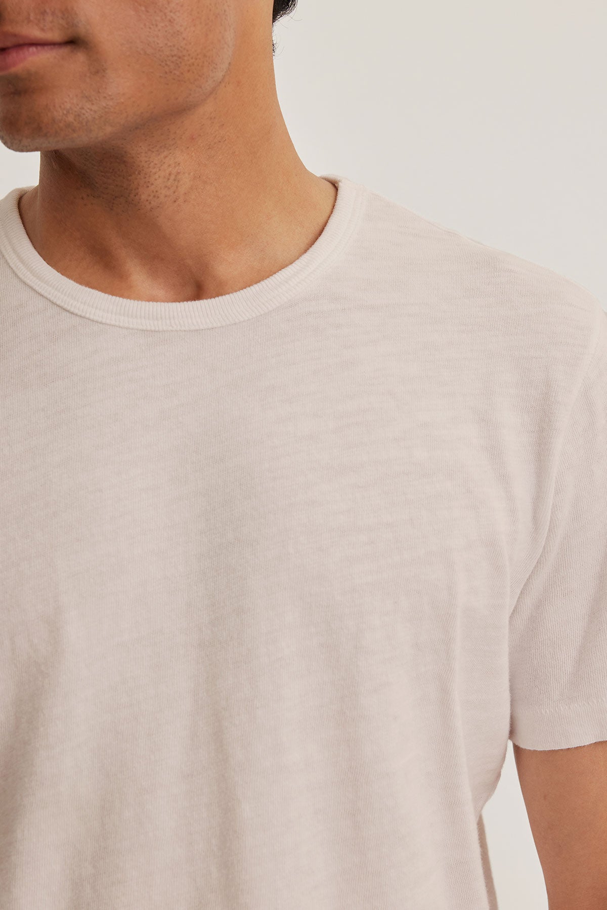 Someone wearing the SPADER TEE by Velvet by Graham & Spencer, featuring a plain light color, classic crew neckline, and relaxed fit, set against a neutral background with their face partially out of frame.-38670220067009