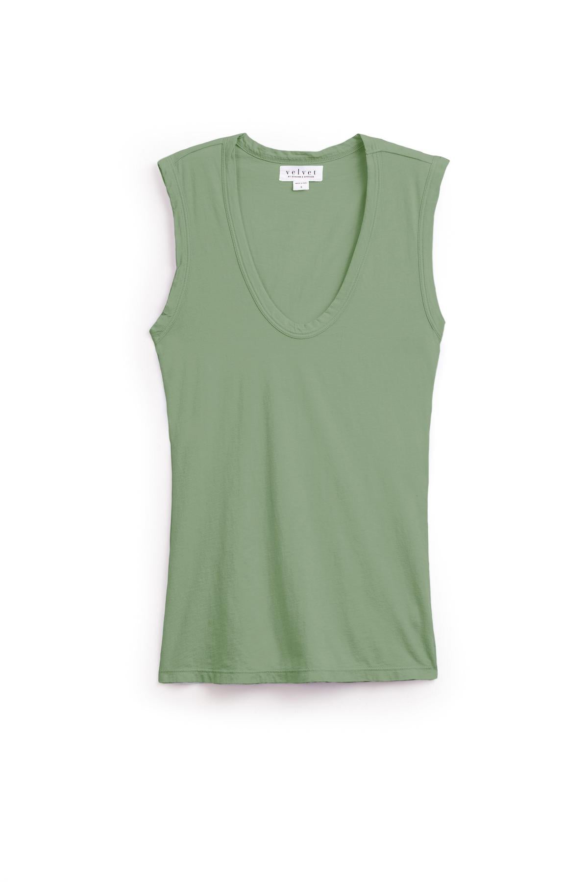   A sleeveless, sage green Velvet by Graham & Spencer ESTINA TANK TOP with a deep low-scoop-neck, crafted from soft gauzy whisper fabric, displayed against a white background. 