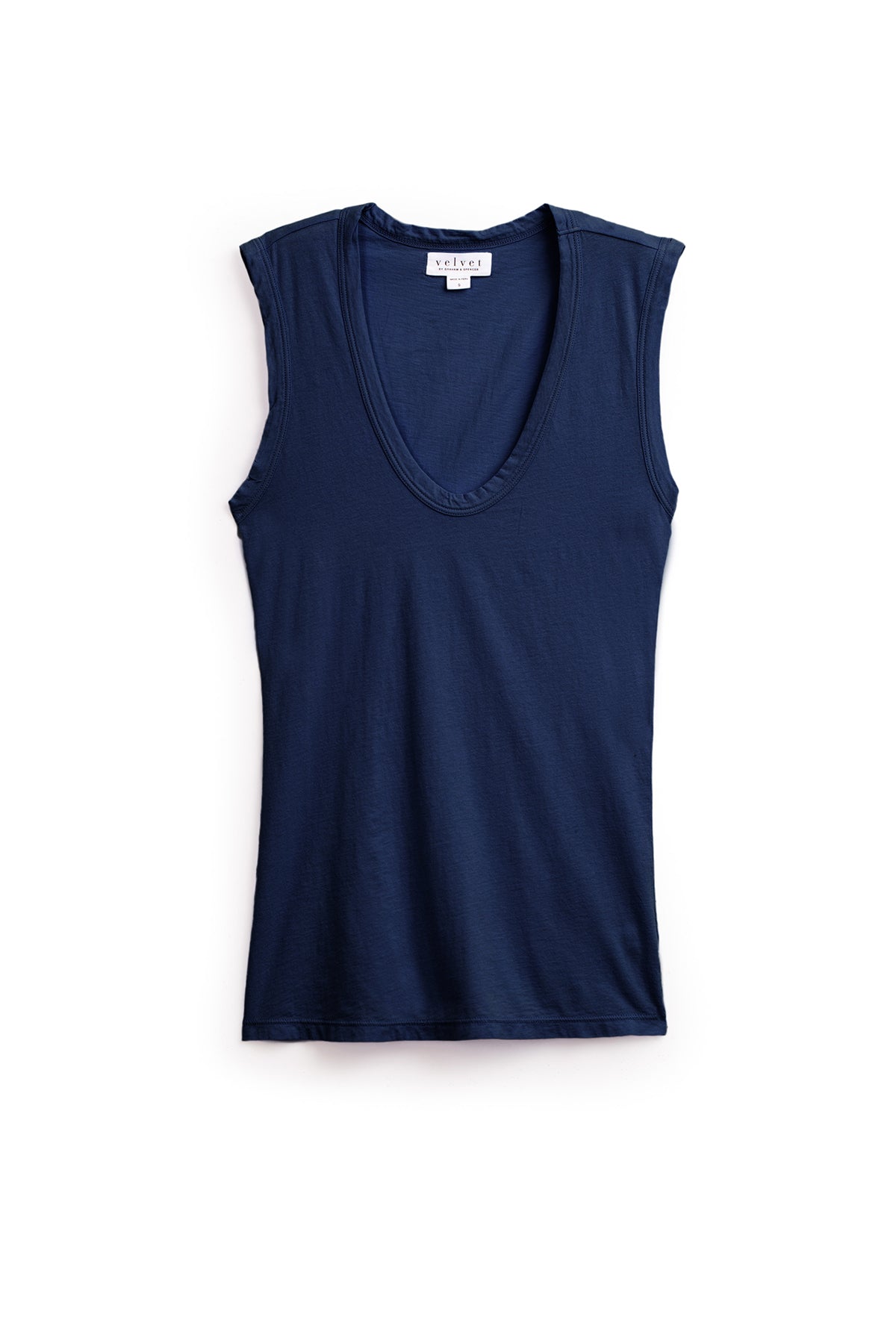 A navy blue sleeveless V-neck laid-back tank, the ESTINA TANK TOP by Velvet by Graham & Spencer, displayed on a white background.-35413240053953