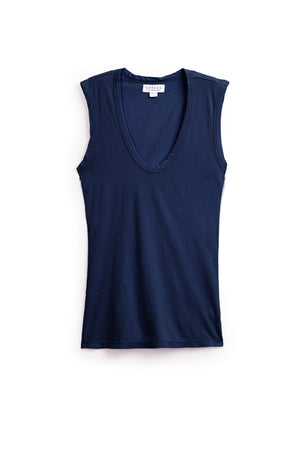 A navy blue sleeveless V-neck laid-back tank, the ESTINA TANK TOP by Velvet by Graham & Spencer, displayed on a white background.