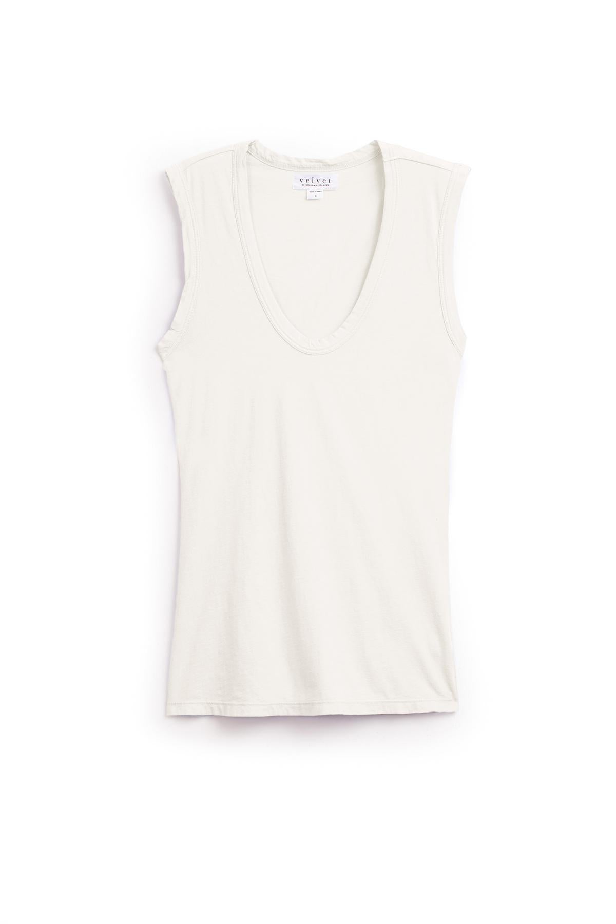 White sleeveless laid-back ESTINA TANK TOP with a low-scoop-neck on a plain white background. Brand label "Velvet by Graham & Spencer" visible at the neckline, crafted from soft gauzy whisper fabric for ultimate comfort.-36131064217793