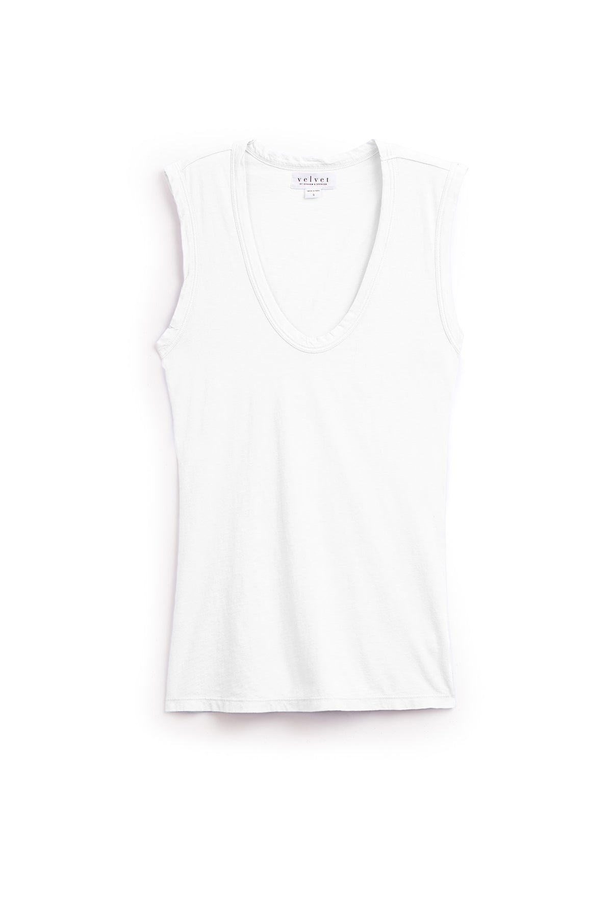   A sleeveless white V-neck top displayed against a plain white background exudes effortless style, featuring a laid-back tank design with soft gauzy whisper fabric: the ESTINA TANK TOP by Velvet by Graham & Spencer. 