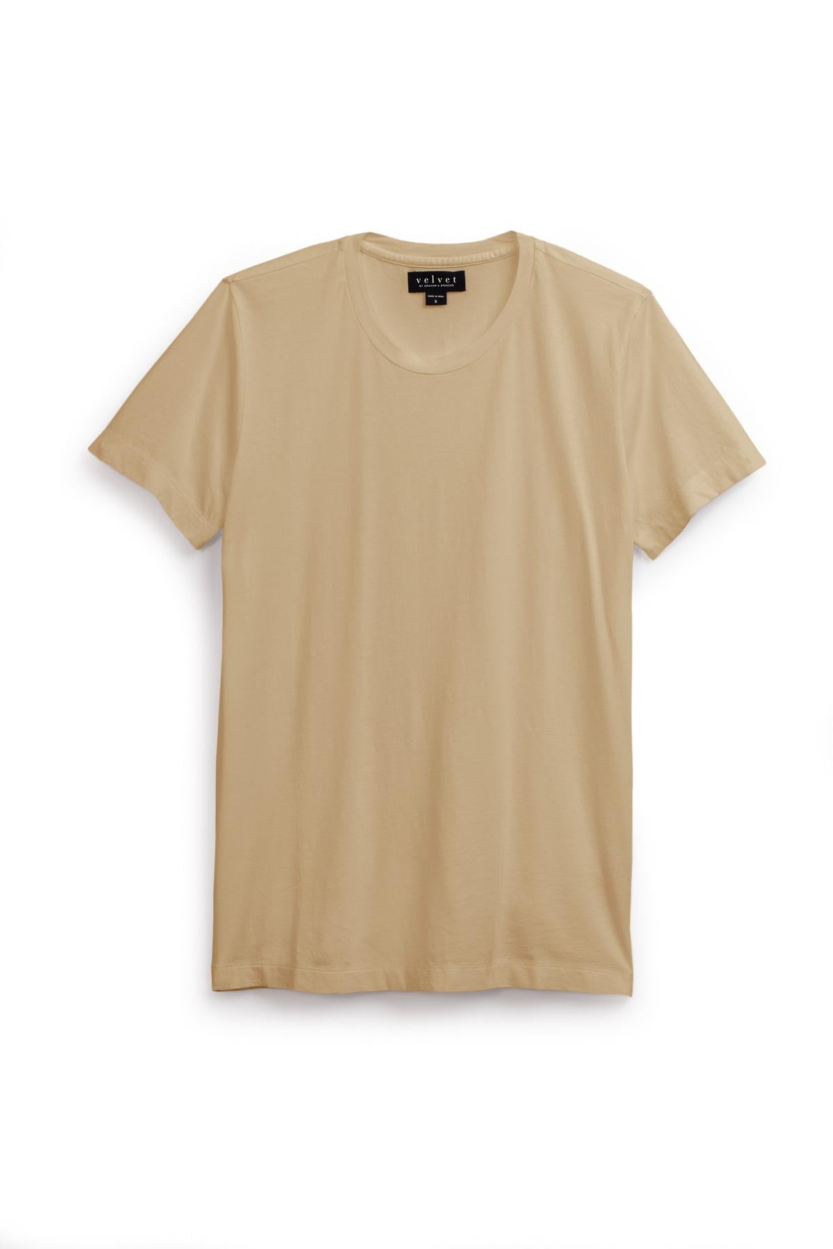   The HOWARD TEE by Velvet by Graham & Spencer, a plain beige Pima cotton short-sleeve T-shirt with a round neckline, is displayed against a white background. 