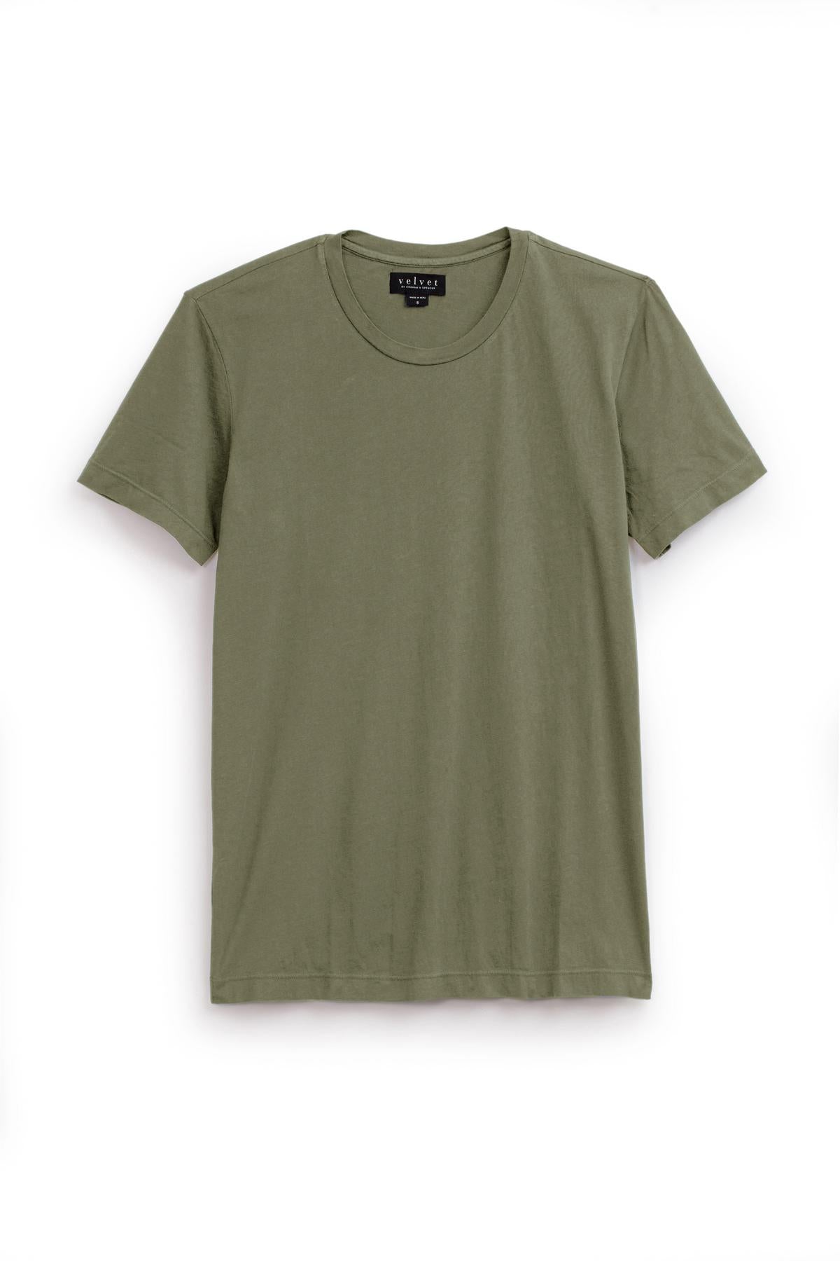 A plain olive green short-sleeved T-shirt with a crew neck, crafted from lightweight cotton knit for a perfect fit, displayed against a white background: the HOWARD TEE by Velvet by Graham & Spencer.-37386103521473