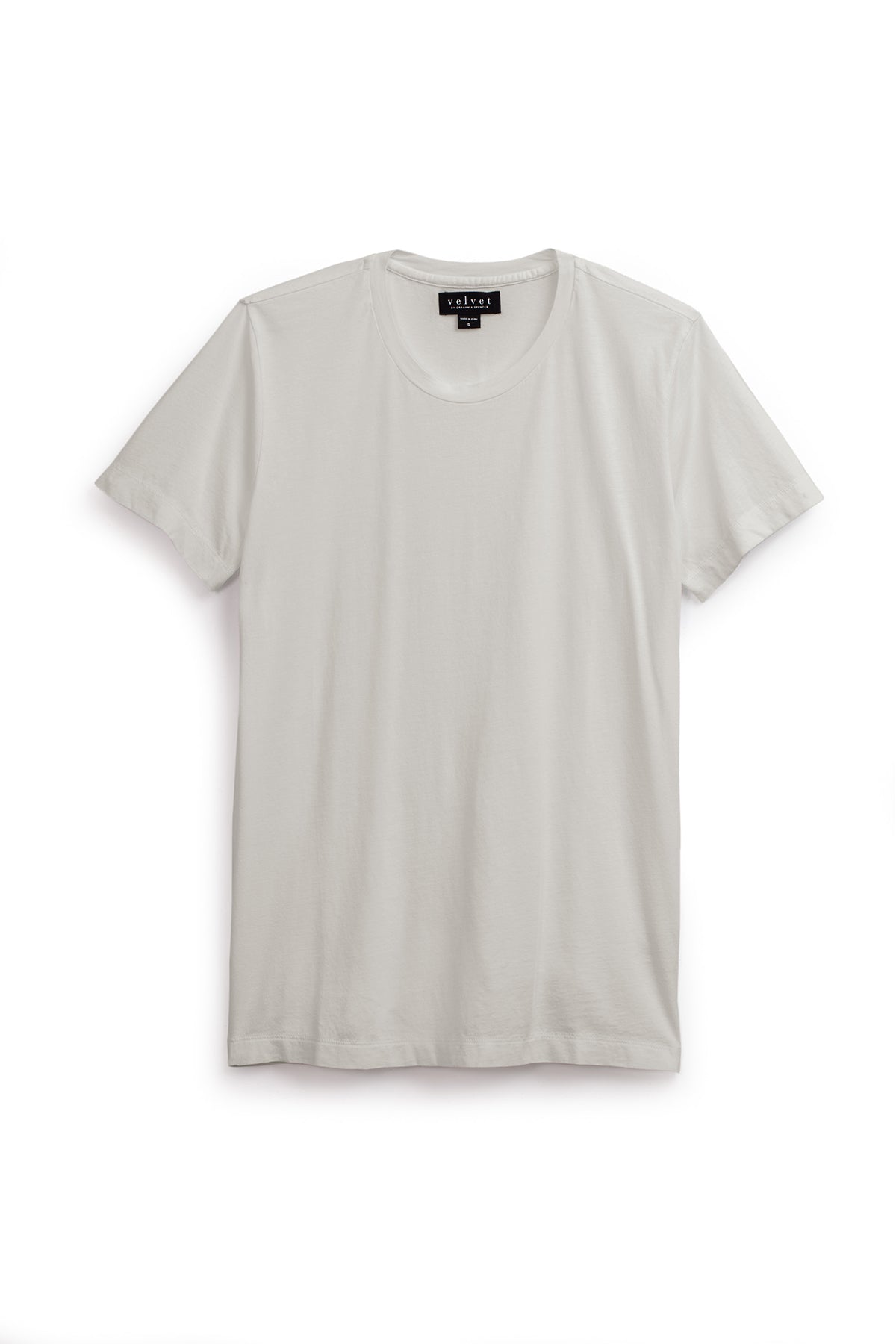   A plain white short-sleeved T-shirt made from lightweight cotton knit, featuring a round neckline and offering the perfect fit, displayed against a white background is the HOWARD TEE by Velvet by Graham & Spencer. 