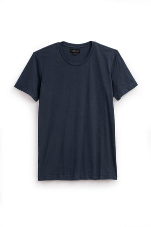 A plain, short-sleeved, dark blue HOWARD TEE with a crew neck is displayed against a white background, showcasing its lightweight cotton knit and perfect fit by Velvet by Graham & Spencer.