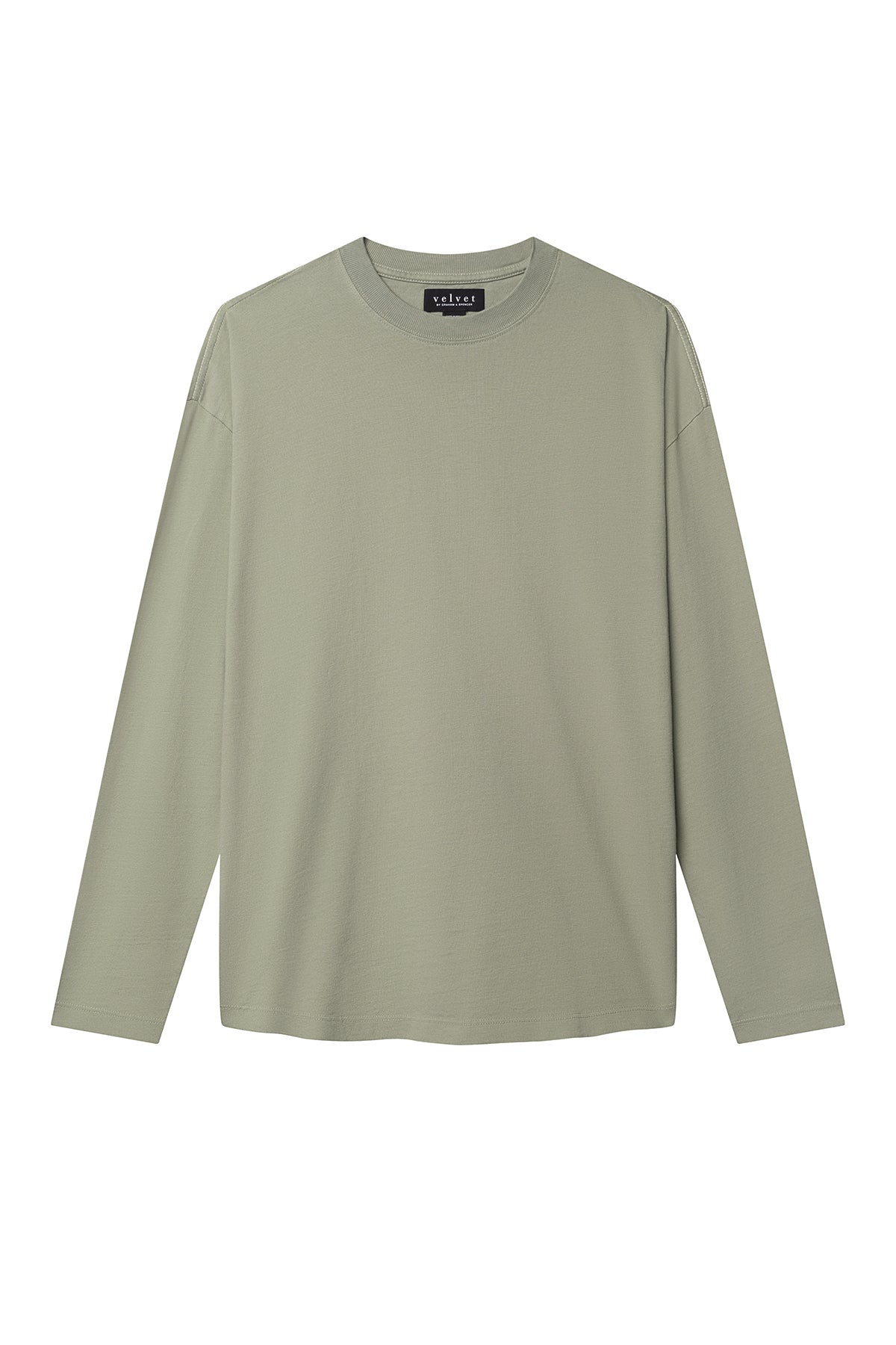 The SLATER TEE by Velvet by Graham & Spencer is a versatile addition to any wardrobe, featuring a plain long-sleeve design, sage green color, and relaxed fit against a white background.-38500109123777