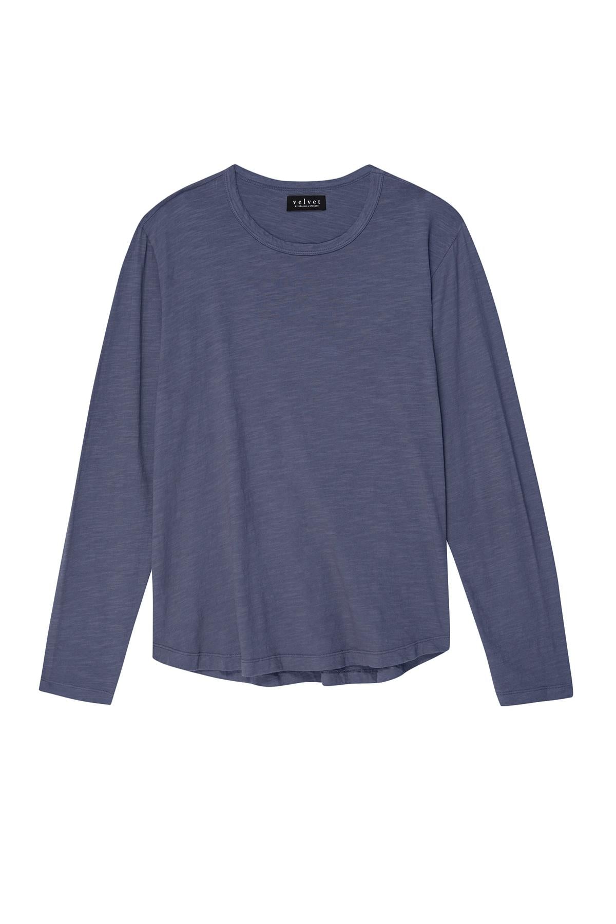   This KAI TEE by Velvet by Graham & Spencer boasts a crew neckline and is made from plush Peruvian cotton, presenting an elegant long-sleeve design in dark blue, perfectly showcased against a pristine white background. 