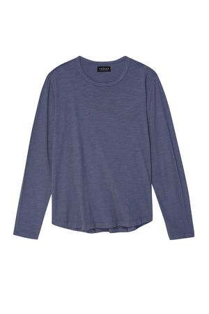 This KAI TEE by Velvet by Graham & Spencer boasts a crew neckline and is made from plush Peruvian cotton, presenting an elegant long-sleeve design in dark blue, perfectly showcased against a pristine white background.