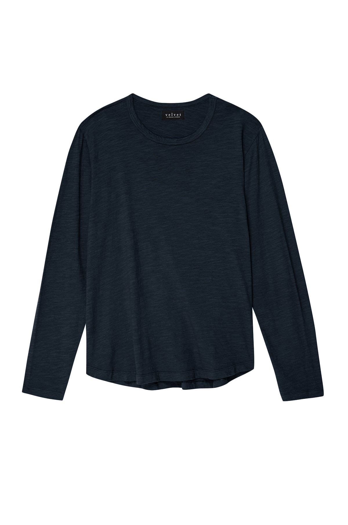 A plain, long-sleeved, dark blue shirt made from textured cotton slub by Velvet by Graham & Spencer is displayed against a white background. The product is called KAI TEE.-37469159391425