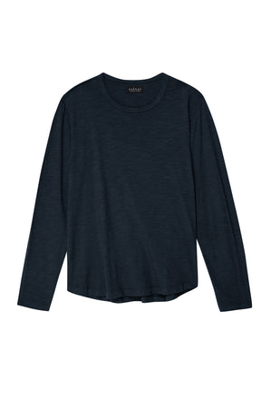 A plain, long-sleeved, dark blue shirt made from textured cotton slub by Velvet by Graham & Spencer is displayed against a white background. The product is called KAI TEE.