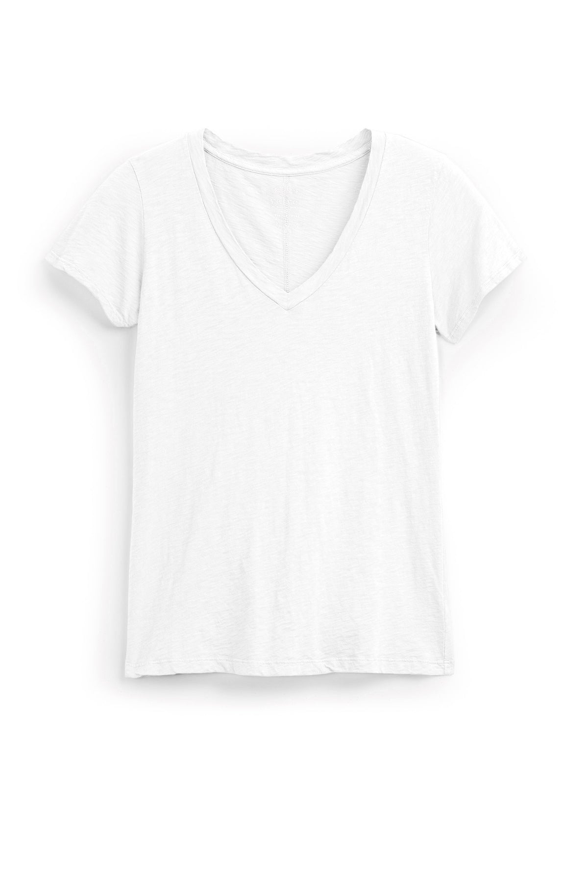   A plain white LILITH TEE by Velvet by Graham & Spencer with short sleeves, made from luxurious cotton slub, laid flat against a white background. 