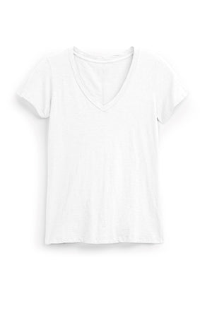 A plain white LILITH TEE by Velvet by Graham & Spencer with short sleeves, made from luxurious cotton slub, laid flat against a white background.