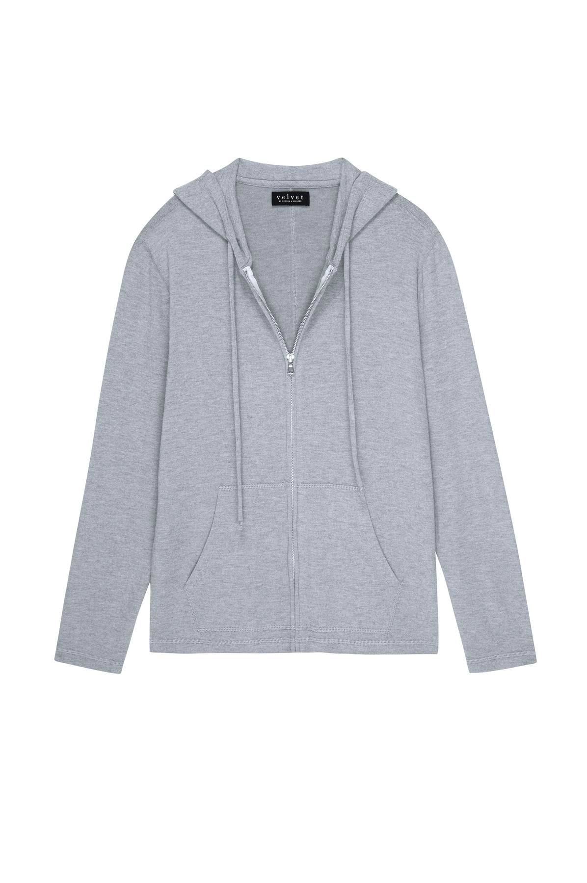   The LOUDON HOODIE by Velvet by Graham & Spencer is a light gray triblend cozy jersey full-zip hoodie featuring a drawstring hood and front pockets, showcased on a white background. 