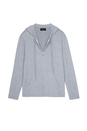 The LOUDON HOODIE by Velvet by Graham & Spencer is a light gray triblend cozy jersey full-zip hoodie featuring a drawstring hood and front pockets, showcased on a white background.