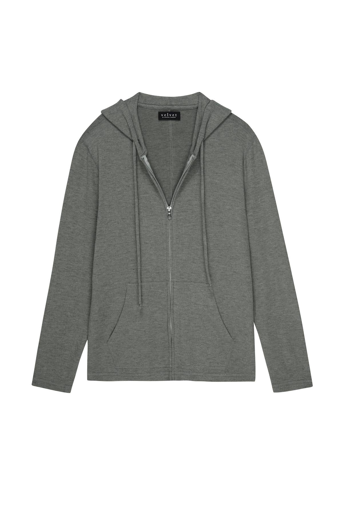   A cozy, gray full-zip LOUDON HOODIE from Velvet by Graham & Spencer featuring a relaxed fit, drawstrings, and front pockets. The label reads 