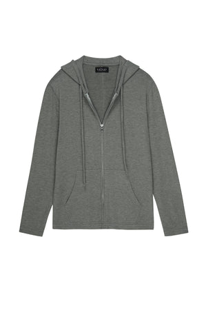 A cozy, gray full-zip LOUDON HOODIE from Velvet by Graham & Spencer featuring a relaxed fit, drawstrings, and front pockets. The label reads 