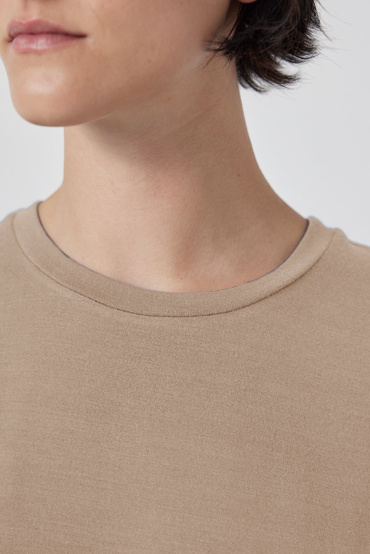   Close-up of a person wearing a Velvet by Jenny Graham Solana Tee, focusing on the neckline and shoulder area. 