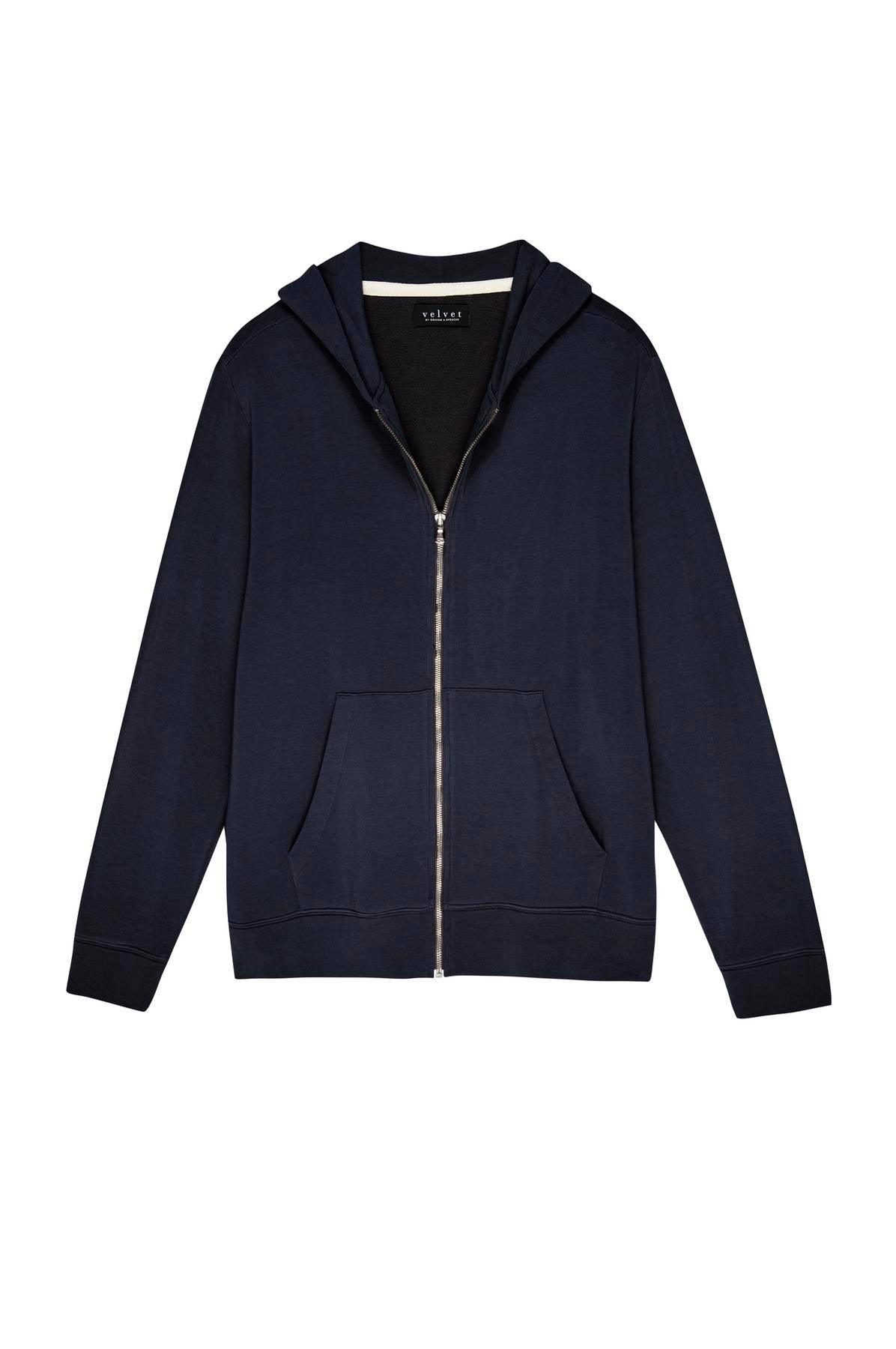   A navy blue zip-up RODAN HOODIE made from luxe fleece by Velvet by Graham & Spencer, featuring front pockets and a hood—perfect as a cozy weekend layer. 