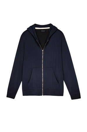 A navy blue zip-up RODAN HOODIE made from luxe fleece by Velvet by Graham & Spencer, featuring front pockets and a hood—perfect as a cozy weekend layer.