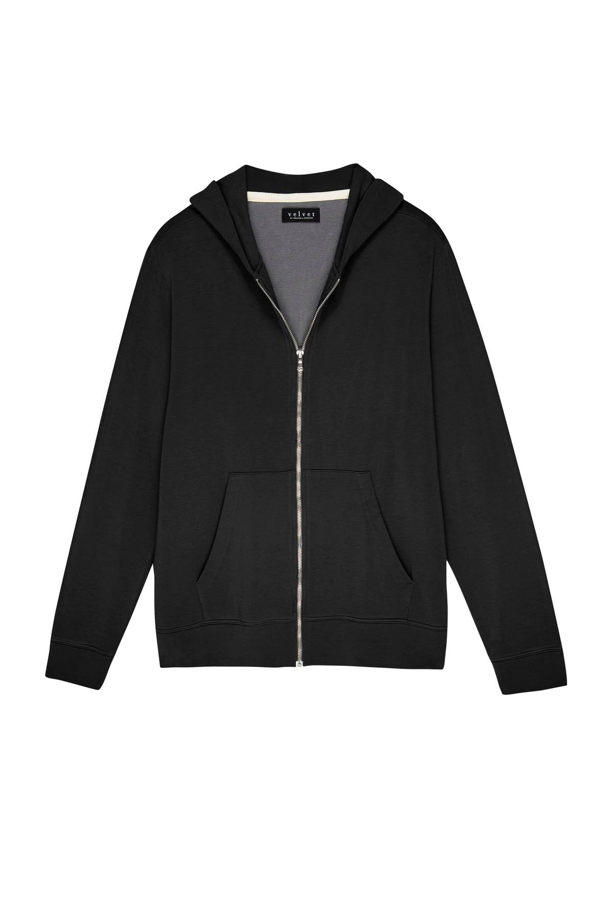   The RODAN HOODIE by Velvet by Graham & Spencer is a plain black zip-up hoodie featuring a front pocket, drawstring hood, and a cozy brushed interior. 