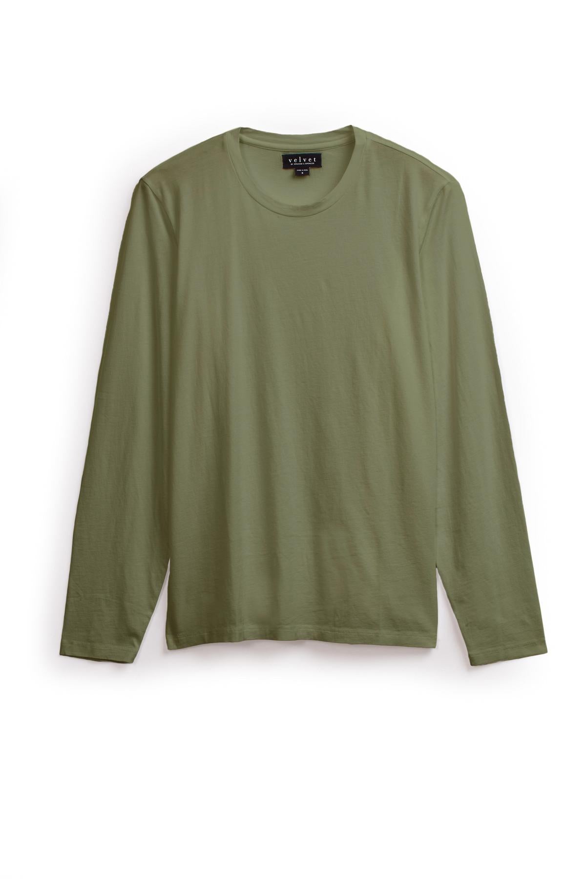   A long-sleeved, plain olive green SKEETER TEE from Velvet by Graham & Spencer, crafted from soft Pima cotton and featuring a classic crew neckline, is displayed against a white background. 