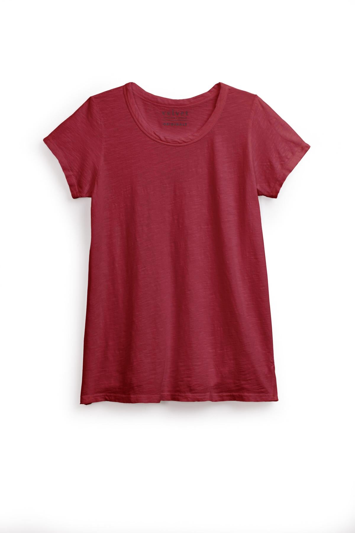   A timeless California classic crew neck tee, the TILLY TEE by Velvet by Graham & Spencer, this plain red short-sleeve T-shirt features a round neckline and is made from soft cotton slub, displayed against a white background. 