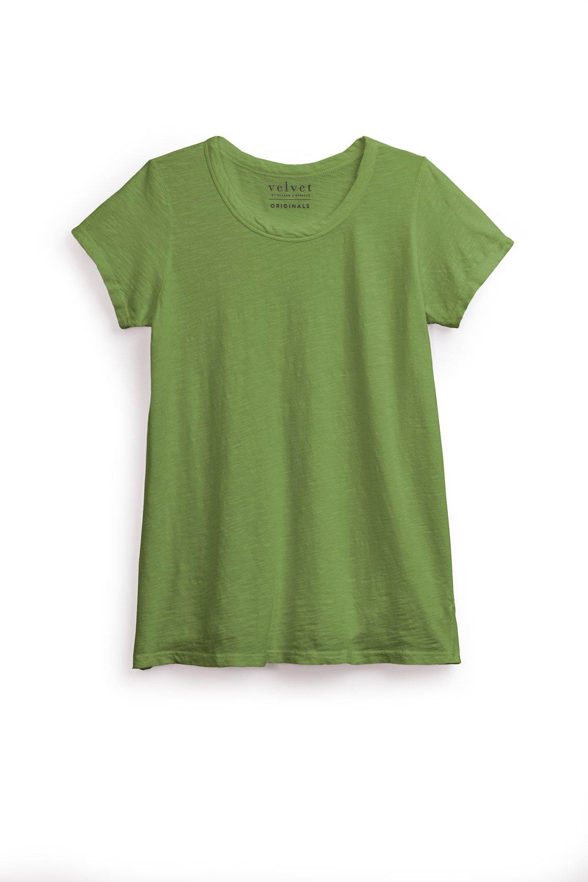   The TILLY TEE by Velvet by Graham & Spencer is a green crew neck cotton slub tee, featured on a plain white background, embodying timeless California classic style. 