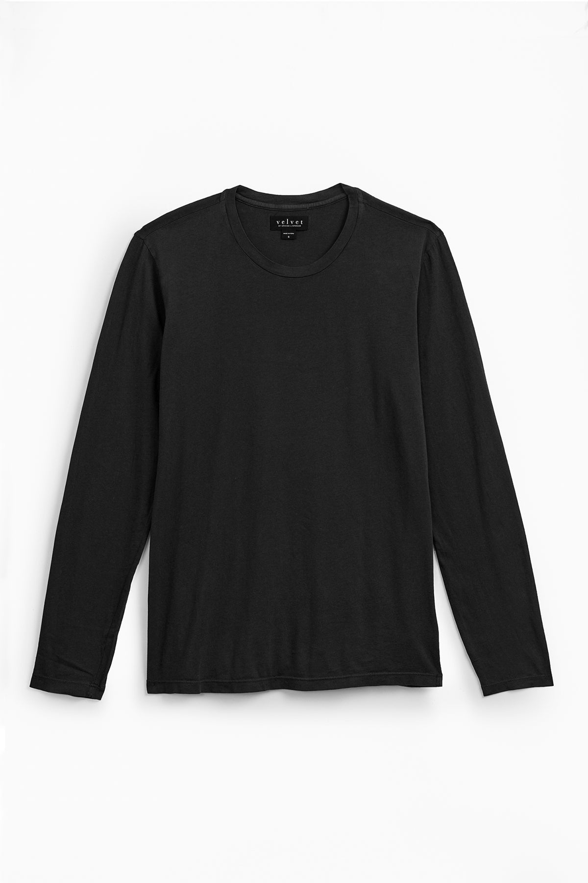   A versatile wardrobe addition, the long-sleeve black SKEETER TEE by Velvet by Graham & Spencer, made from whisper cotton knit, is displayed against a white background. 