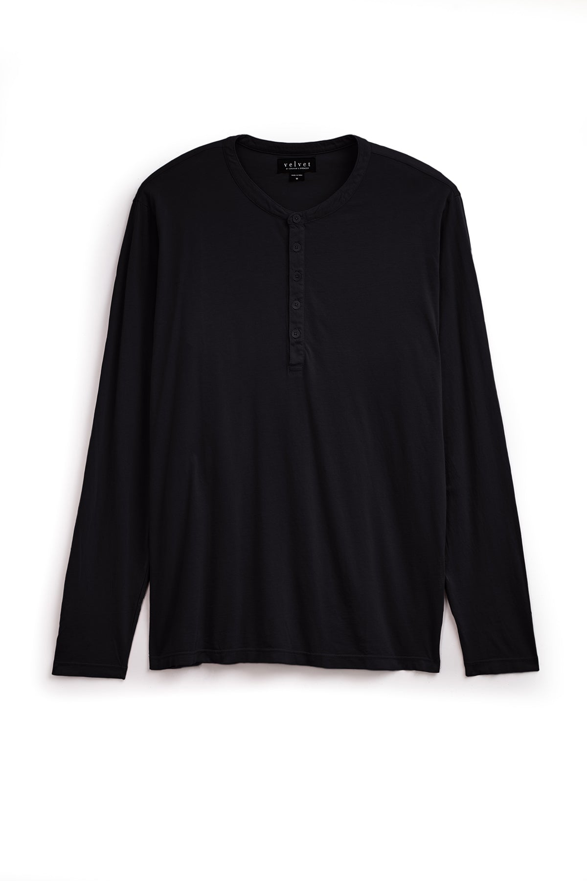   A lightweight, whisper knit black ALVARO HENLEY by Velvet by Graham & Spencer with a buttoned placket is displayed against a white background. 