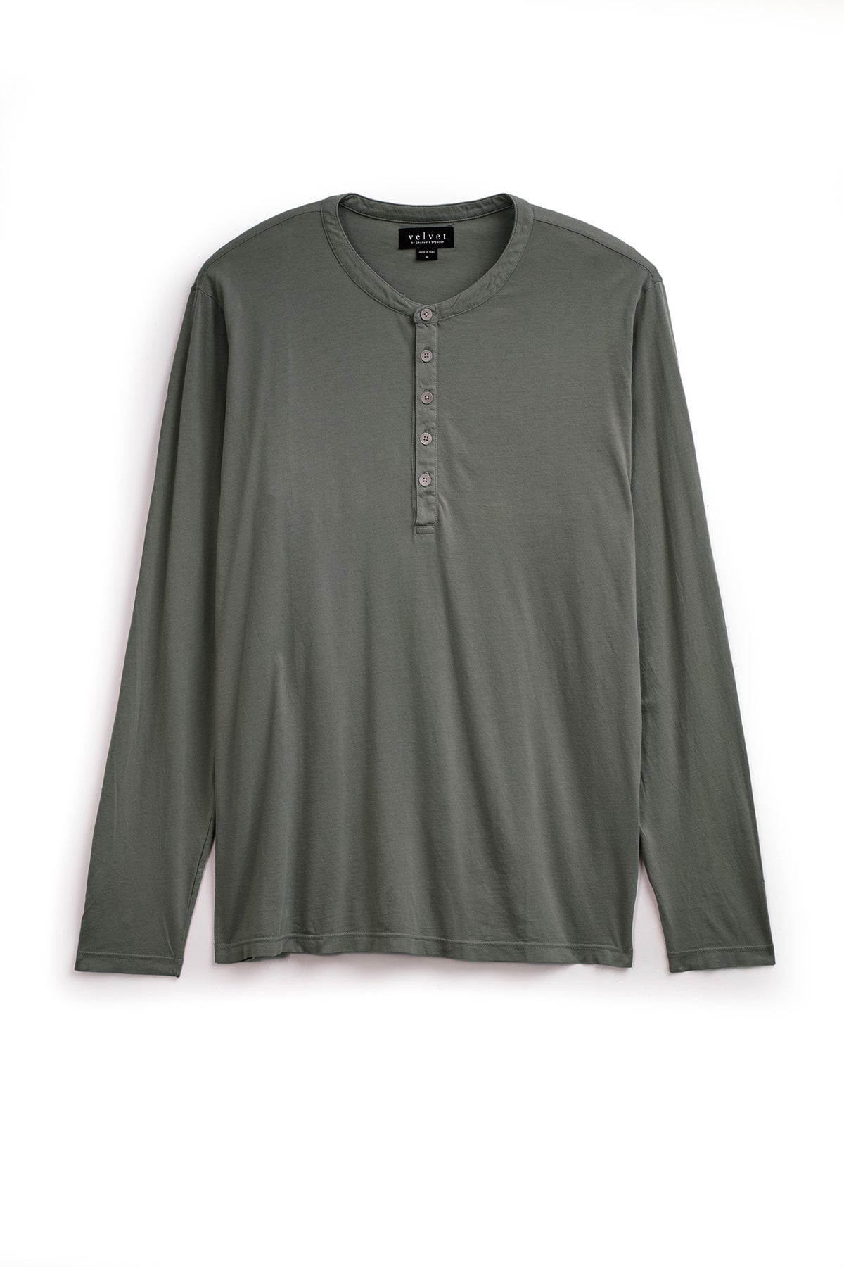   A long-sleeve, olive green ALVARO HENLEY by Velvet by Graham & Spencer crafted from lightweight whisper knit fabric, featuring a round collar and a button placket down the front. 