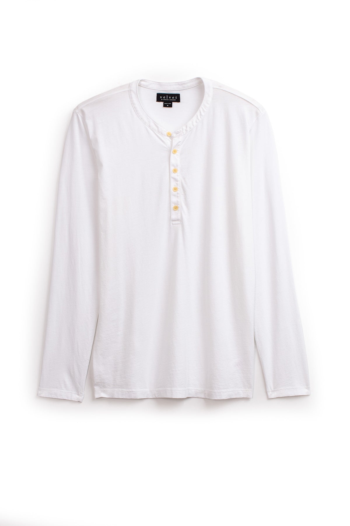   A lightweight, long-sleeve white ALVARO HENLEY by Velvet by Graham & Spencer with a round neckline and four buttons down the front, displayed against a plain white background. 