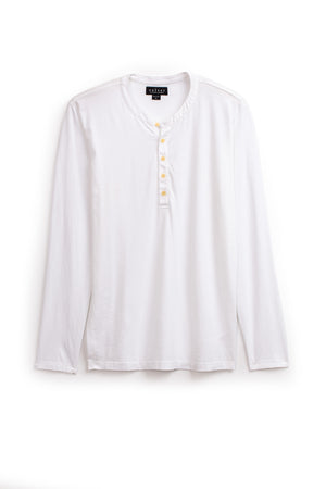 A lightweight, long-sleeve white ALVARO HENLEY by Velvet by Graham & Spencer with a round neckline and four buttons down the front, displayed against a plain white background.