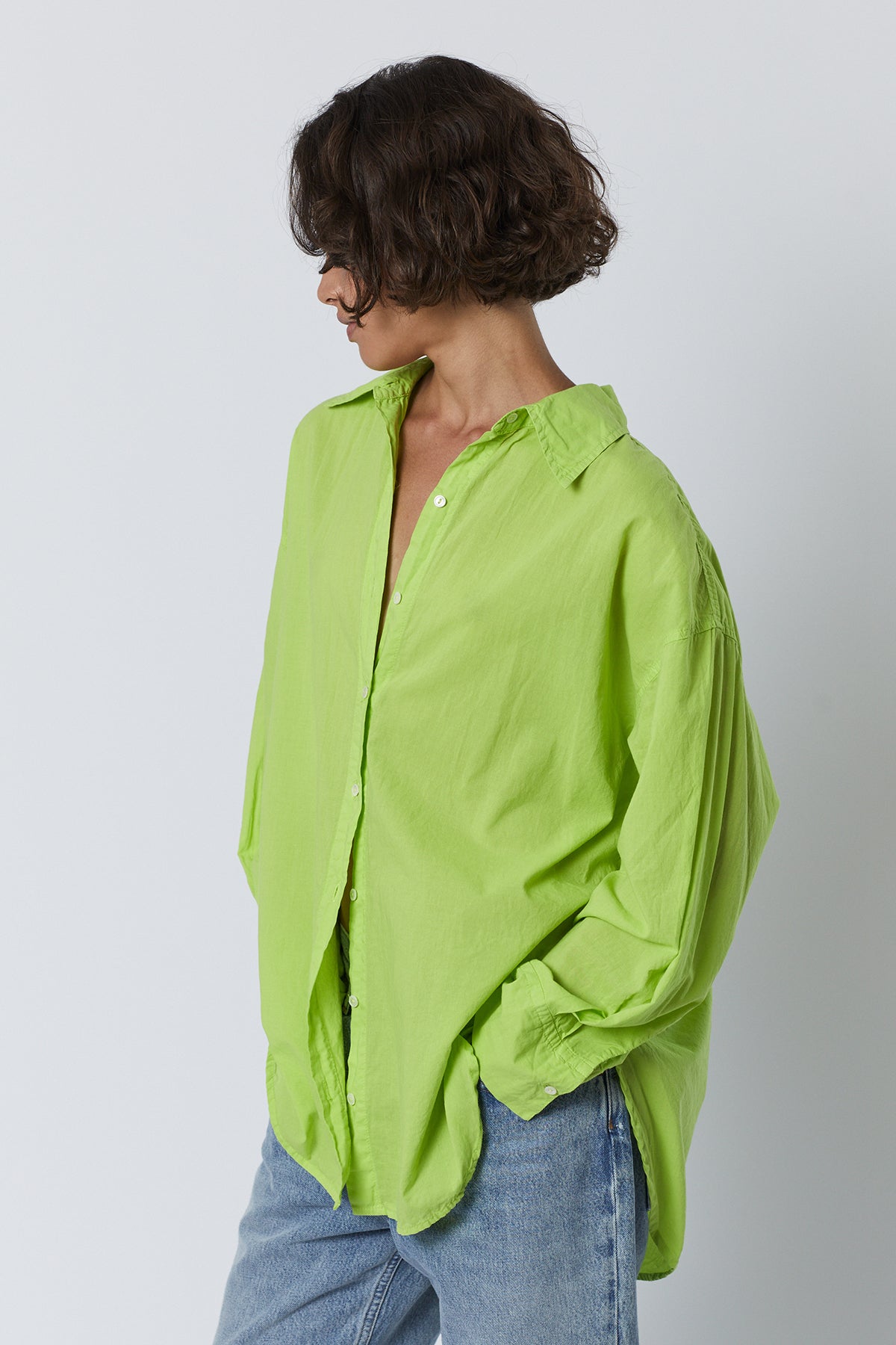   Redondo Button-Up Shirt in acid green with blue denim front & side 