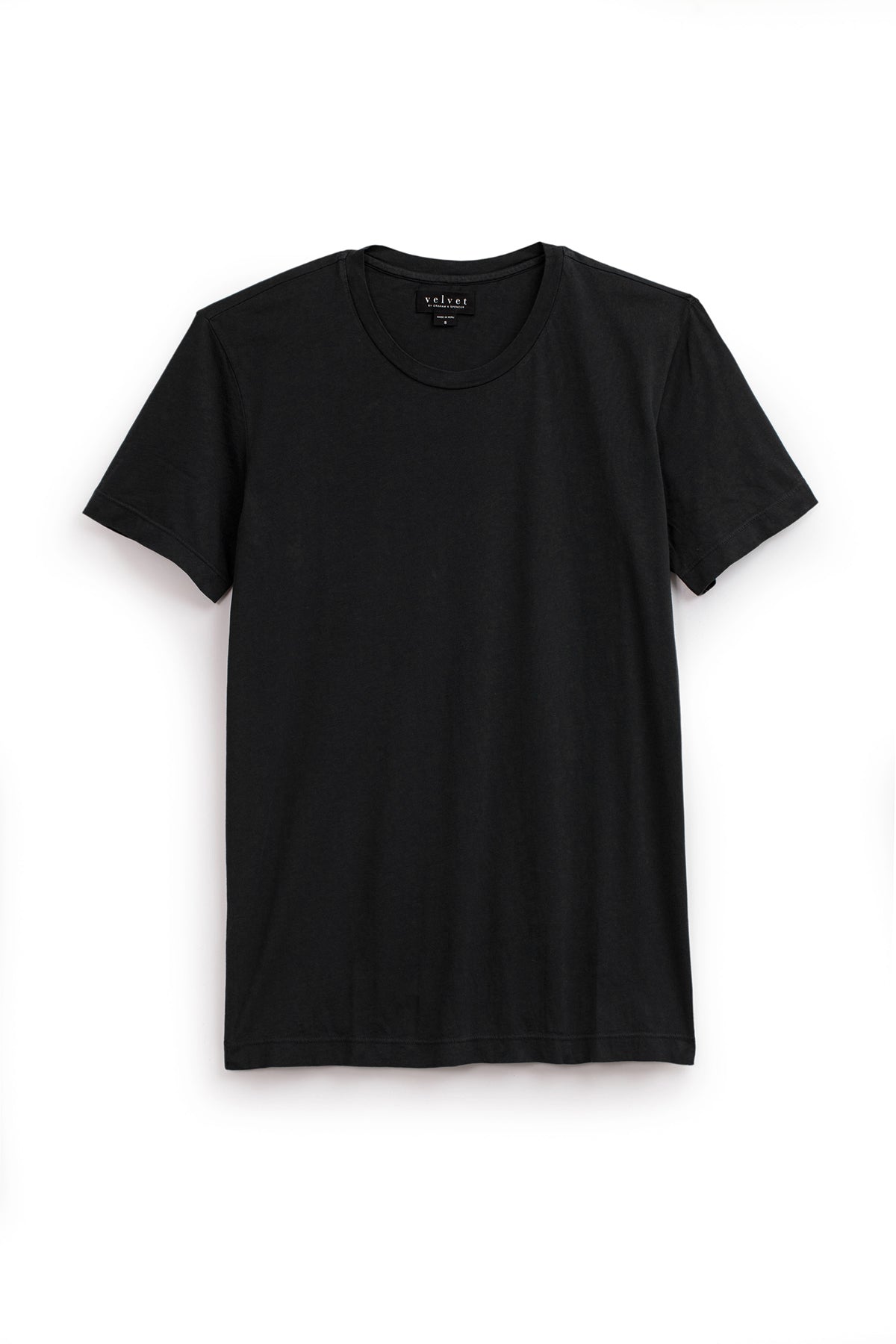   A plain black short-sleeved T-shirt, crafted from lightweight cotton knit, is laid flat against a white background, offering a perfect fit for effortless style. The HOWARD TEE by Velvet by Graham & Spencer encapsulates casual elegance. 