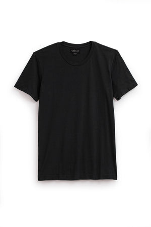 A plain black short-sleeved T-shirt, crafted from lightweight cotton knit, is laid flat against a white background, offering a perfect fit for effortless style. The HOWARD TEE by Velvet by Graham & Spencer encapsulates casual elegance.