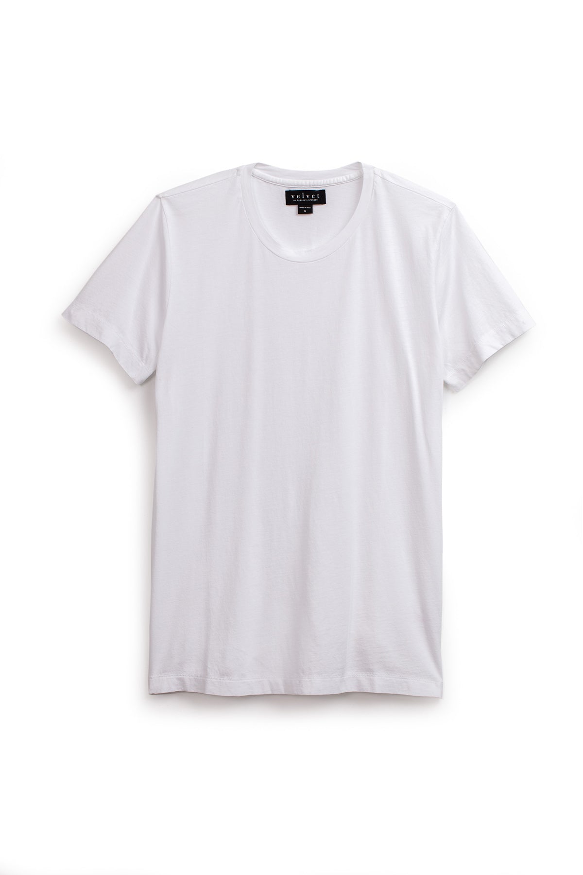   A plain white short-sleeve HOWARD TEE in lightweight cotton knit by Velvet by Graham & Spencer, hanging against a white background, ensures a perfect fit. 