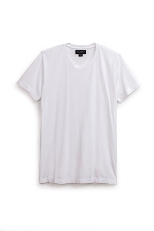 A plain white short-sleeve HOWARD TEE in lightweight cotton knit by Velvet by Graham & Spencer, hanging against a white background, ensures a perfect fit.