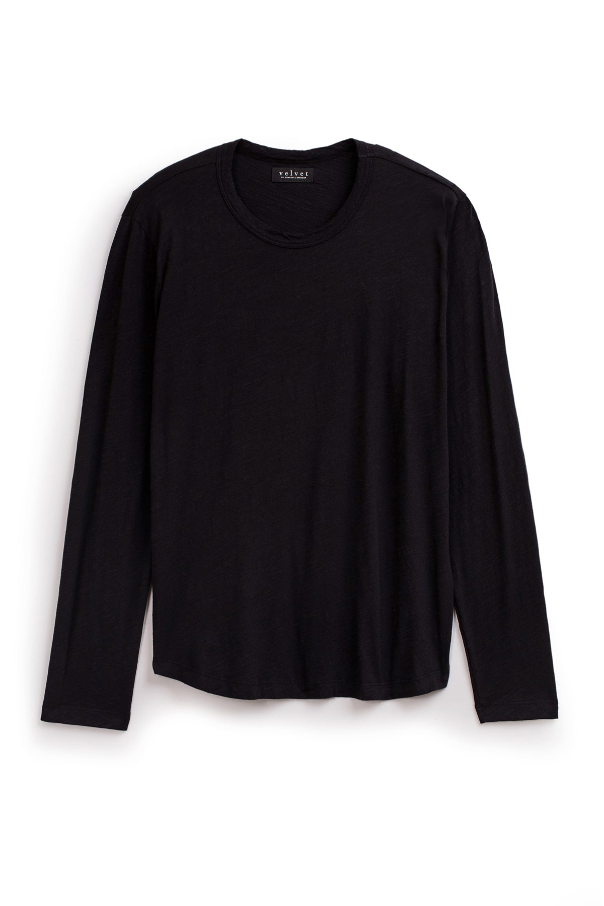   A plain black long-sleeve shirt made of textured cotton slub with a classic crew neckline, known as the KAI TEE by Velvet by Graham & Spencer, is displayed against a white background. 