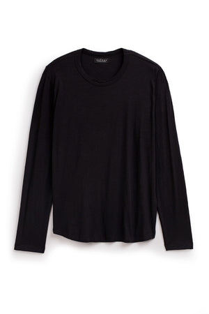 A plain black long-sleeve shirt made of textured cotton slub with a classic crew neckline, known as the KAI TEE by Velvet by Graham & Spencer, is displayed against a white background.