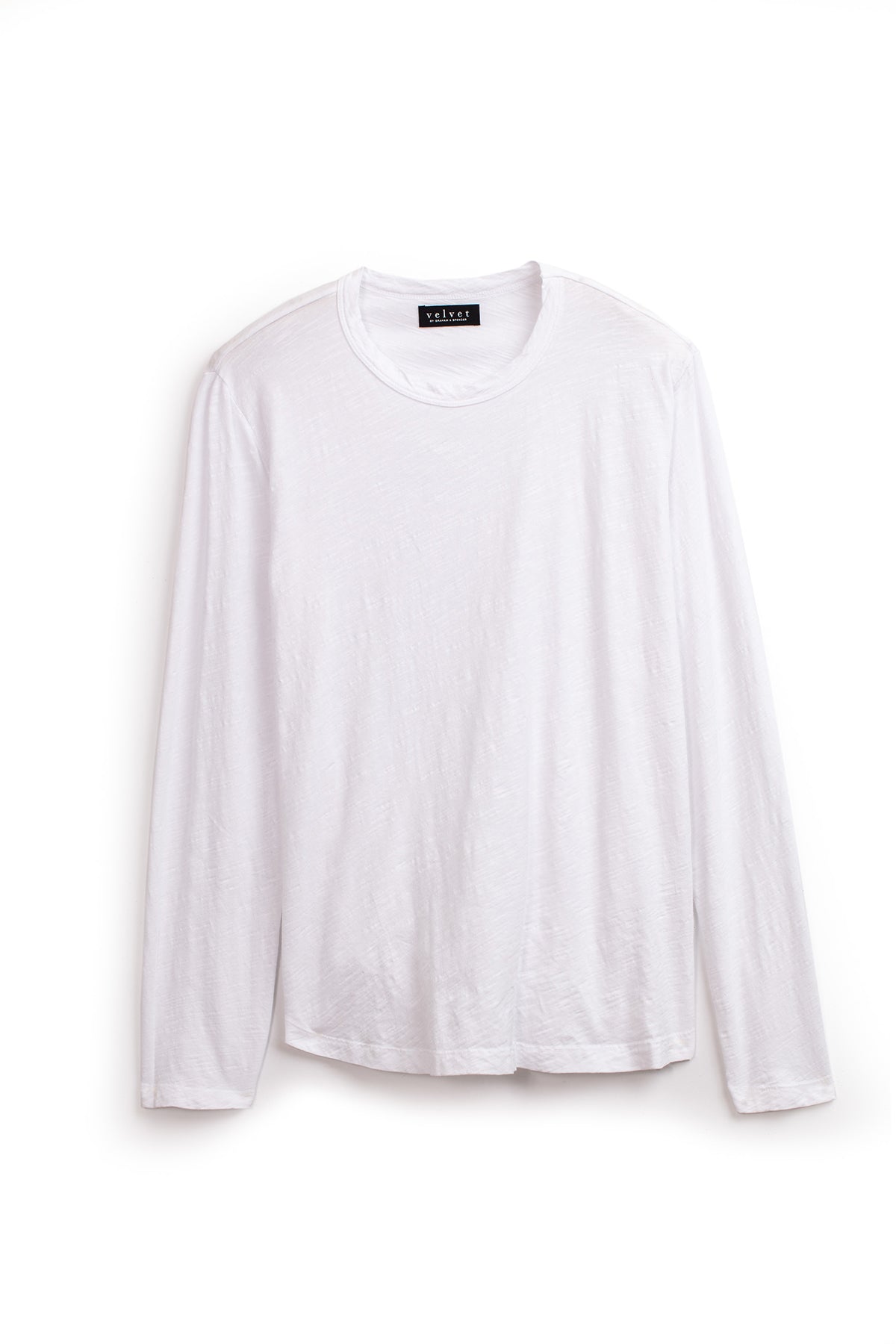   A plain white long-sleeve shirt displayed against a white background. The KAI TEE by Velvet by Graham & Spencer, made from textured cotton slub, features a classic crew neckline and a label at the inside back. 