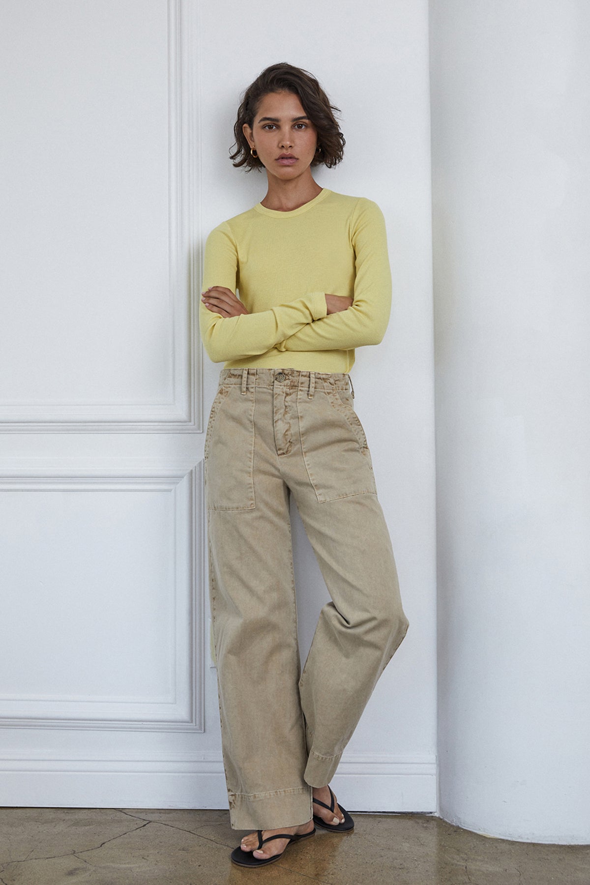   Ventura Pant in putty with Camino tee in lemon tucked full length front 