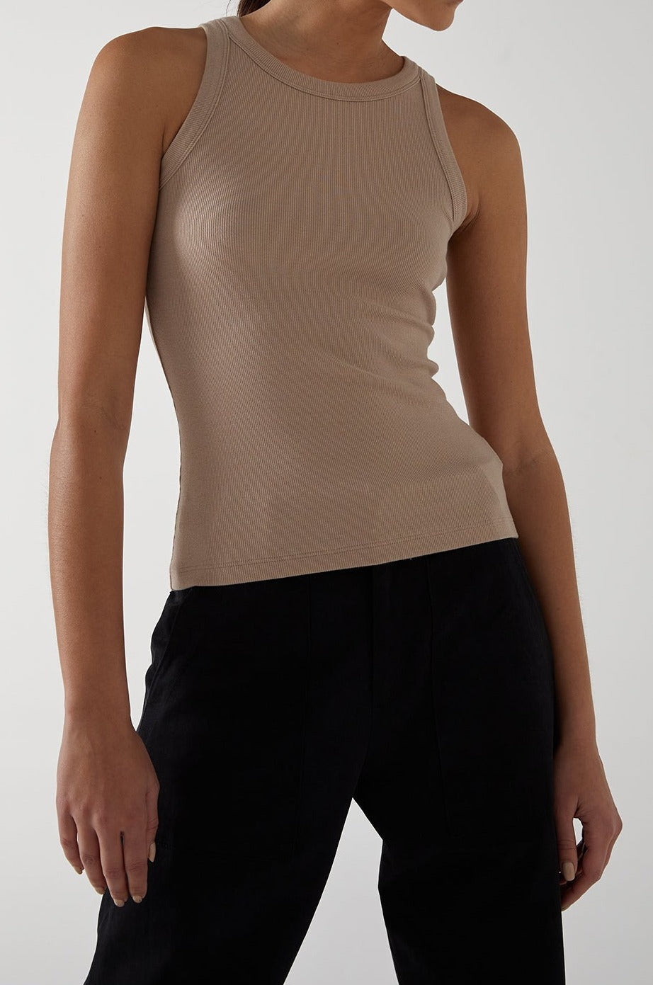   Velvet by Jenny Graham Cruz Modal Rib Tank Top in light tan nude color Ventura pant in black front 