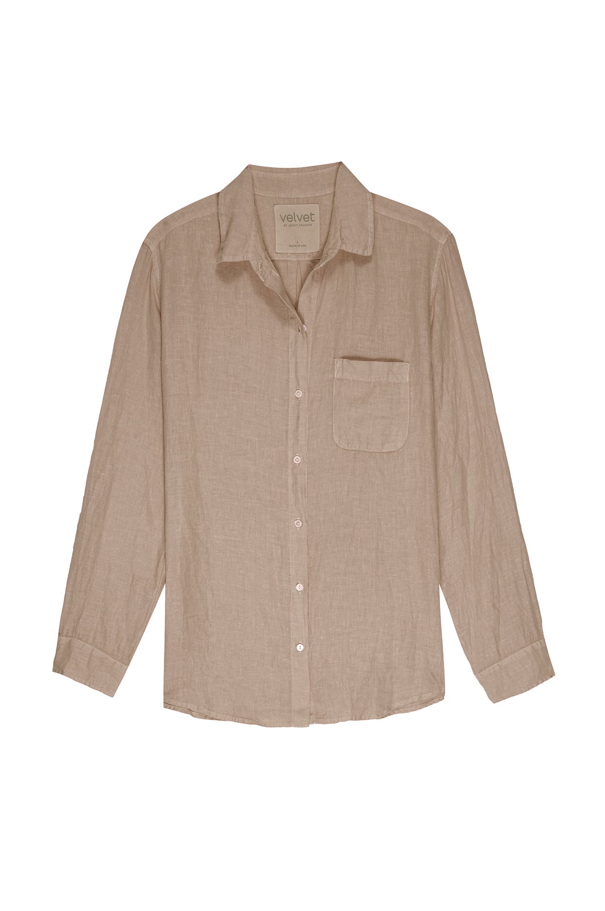   A beige MULHOLLAND LINEN SHIRT by Velvet by Jenny Graham with a single chest pocket, a collar, and a relaxed silhouette featuring a scooped hemline. 