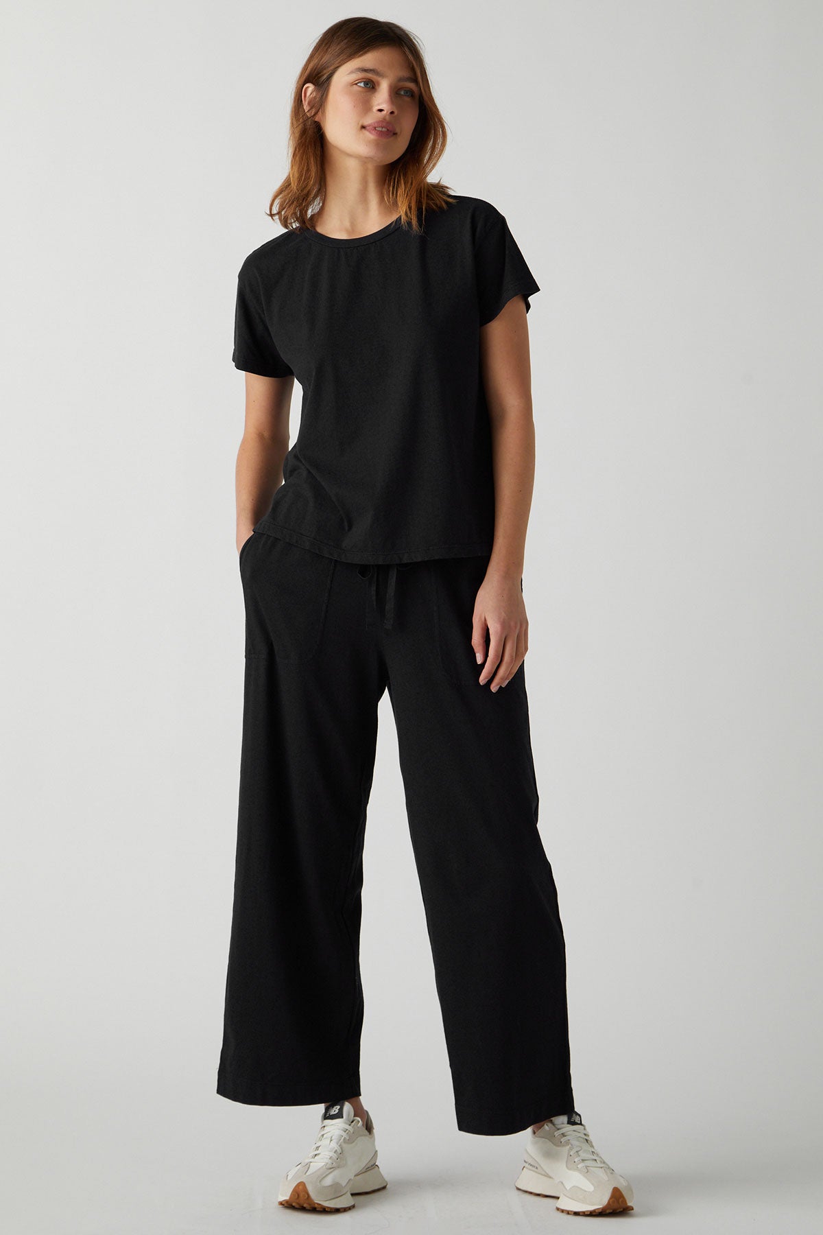   Pismo Pant in black with Topanga Tee full length front 