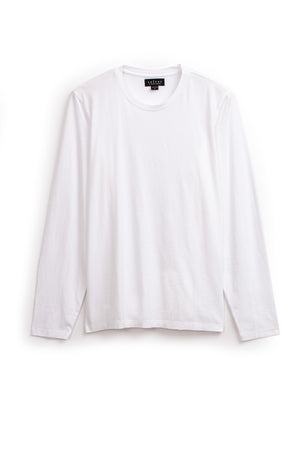 A plain white long-sleeve T-shirt, the Velvet by Graham & Spencer SKEETER TEE, is shown against a white background. Made from whisper cotton knit, it features a simple crew neck design and a visible tag inside the neckline. This versatile wardrobe addition is perfect for any casual outfit.